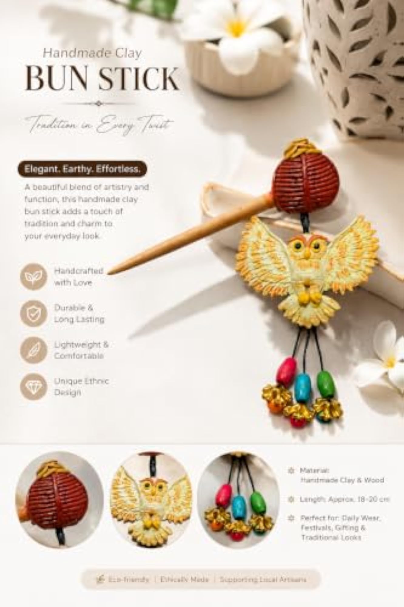 Handmade Clay Owl Bun Stick for Women, Unique Juda Pin